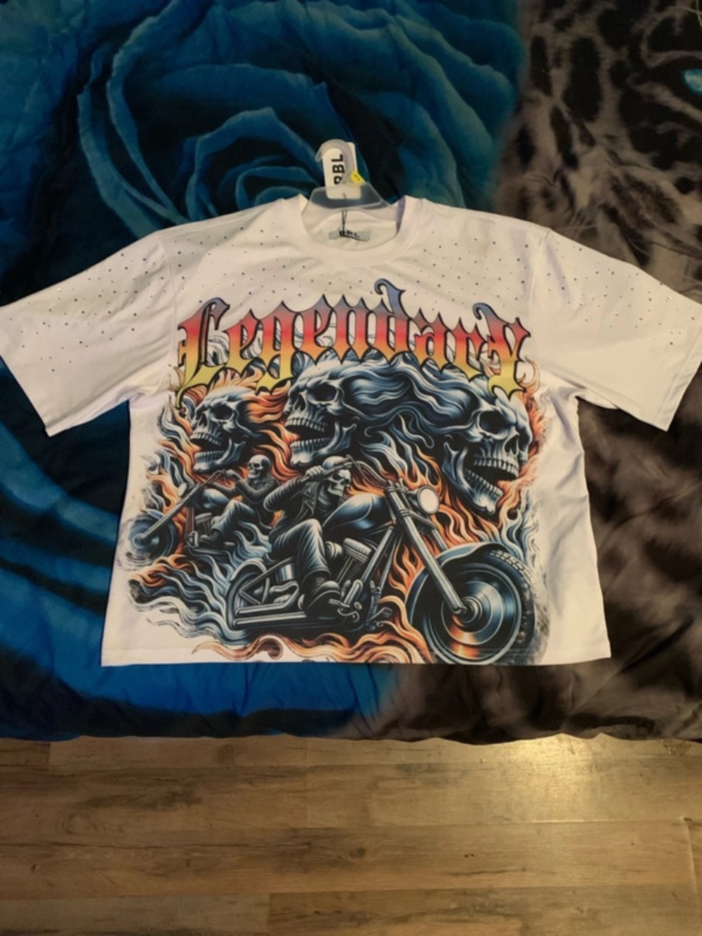 rebels White Graphic Tee with Flame Skull Motorcycle Design
